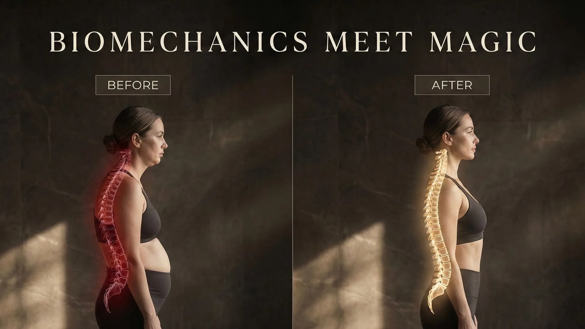 Side profile of a woman, before — compressed spine highlighted in red — and after, with an elongated spine illuminated in gold light.
